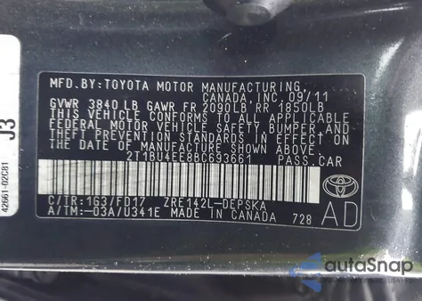 2011 Toyota Corolla S from USA, damaged, VIN 2T1BU4EE8BC693661